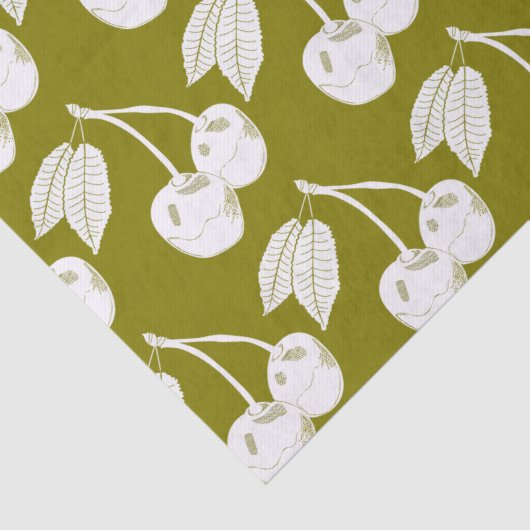 Papier Mousseline Cerisier de bois blanc Design sur vert olive (Détail)