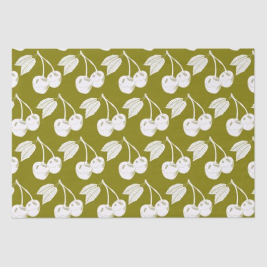 Papier Mousseline Cerisier de bois blanc Design sur vert olive (Recto)