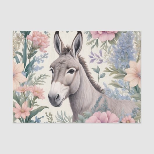 Papier Mousseline Charmante Donkey Pastel Fleurs Ferme Animal (Recto)