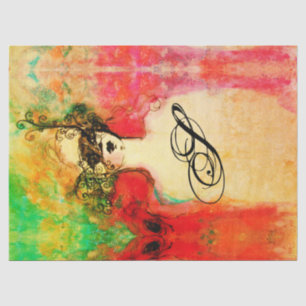 Papier Mousseline CHARME /Dame Avec Masque Monogramme Rose Vert Turq