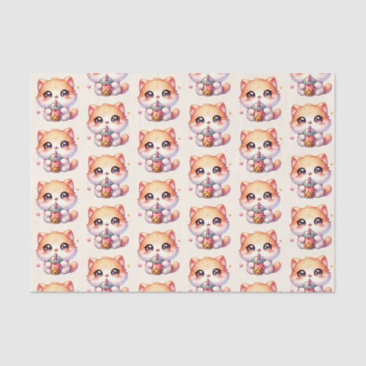 Papier Mousseline Chat Boire Boba Cute Bubble Thé (Recto)
