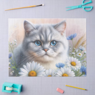 Papier Mousseline Chat British Shorthair Art Floral