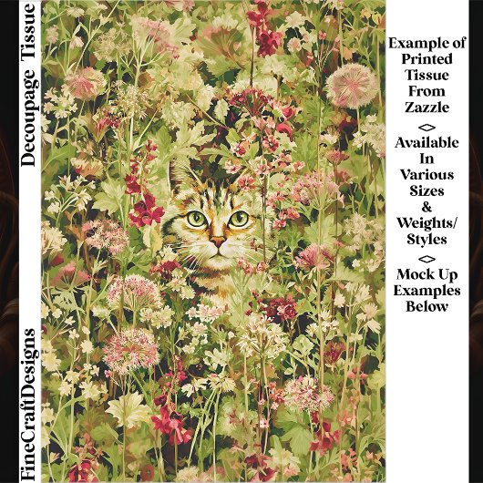 Papier Mousseline Chat Caché dans une Prairie de Fleurs Sauvages EX3