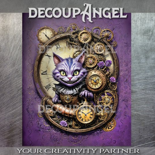Papier Mousseline Chat Cheshire Chat en Steampunk Violet Style Décou