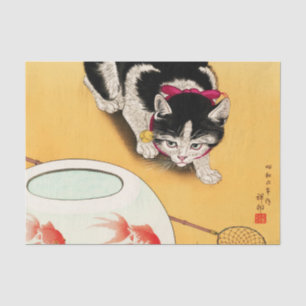 Papier Mousseline Chat et poisson rouge par Ohara Koson