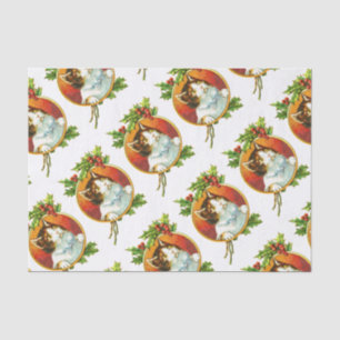 Papier Mousseline Chat fantaisie vintage avec Holly Berry Noël