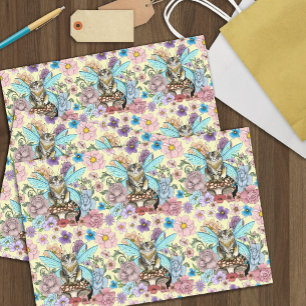 Papier Mousseline Chat féerique tabby pastel fantaisiste floral