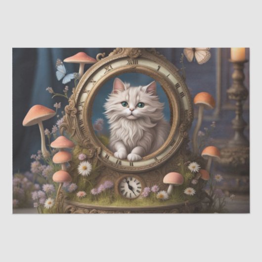 Papier Mousseline Chat Fluffy Rétro, horloge antique Découpage (Recto)