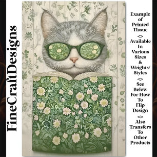 Papier Mousseline Chat Gris Frais aux Lunettes & Livre Floral BT3 Dé