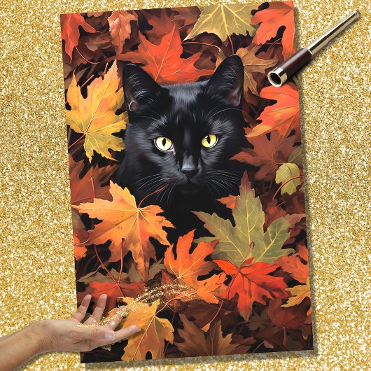 Papier Mousseline Chat noir à l'automne Feuilles 1 papier découpage