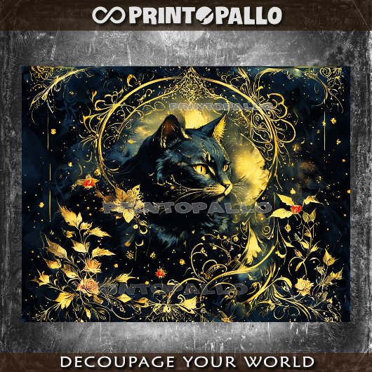 Papier Mousseline Chat noir Art Nouveau avec fleurs dorées