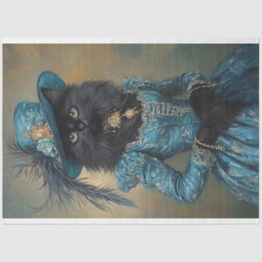 Papier Mousseline Chat noir dans une robe bleue découpage (Recto)