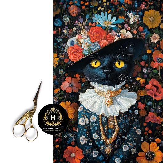 Papier Mousseline Chat noir en robe & Découpage Casquette