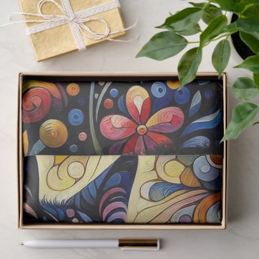 Papier Mousseline Chat noir Kitty Floral Whimsical Jaune Découpage (Cadeau)