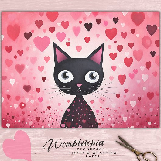 Papier Mousseline Chat noir mignon avec Coeurs roses Découpage