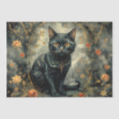 Papier Mousseline Chat noir moderne avec fleurs -Découpage- (Recto)