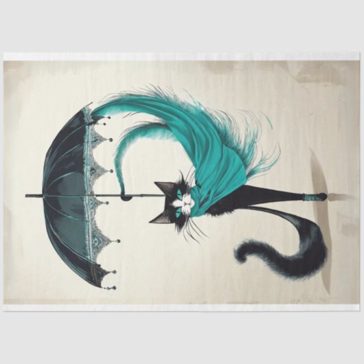 Papier Mousseline Chat noir sophistiqué avec parapluie turquoise (Recto)