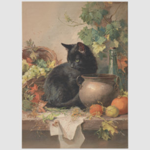 Papier Mousseline Chat noir vintage au milieu de l'automne Fruits Dé