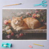 Papier Mousseline Chat orange avec Fleurs antiques Peinture Découpag (Artisanat)