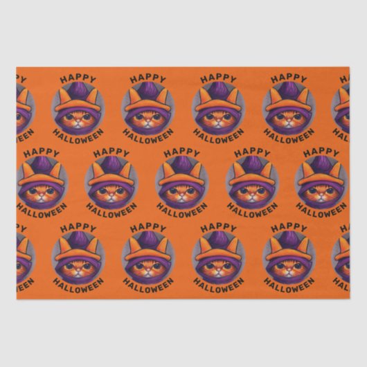 Papier Mousseline Chat orange avec sorcière violette Casquette Bonne (Recto)