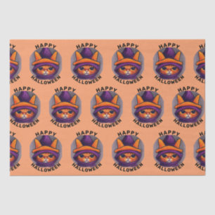 Papier Mousseline Chat orange avec sorcière violette Casquette Bonne