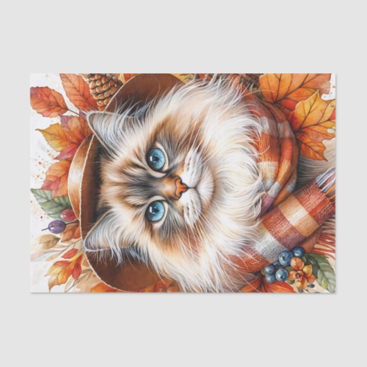 Papier Mousseline Chat Ragdoll À L'Automne Avec Feuilles Automnes (Recto)