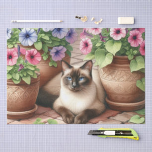 Papier Mousseline Chat siamois dans un jardin avec des pots en argil