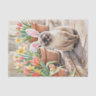 Papier Mousseline Chat siamois de Pâques mignon avec tulipes