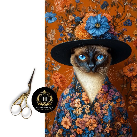 Papier Mousseline Chat siamois floral automne en robe découpage