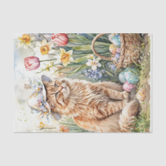 Papier Mousseline Chat tigré orange dans un panier de Pâques avec ch