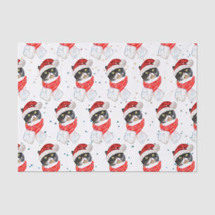 Papier Mousseline Chat tricolore Noël Aquarelle avec écharpe