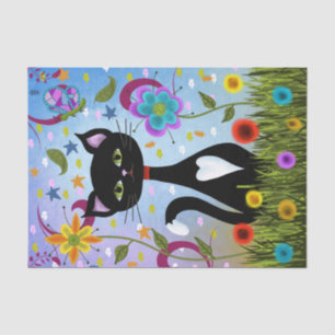 Papier Mousseline Chat tuxedo noir et blanc dans un jardin