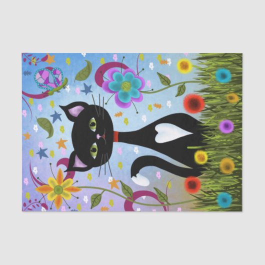 Papier Mousseline Chat Tuxedo Noir Et Blanc Dans Un Jardin (Recto)