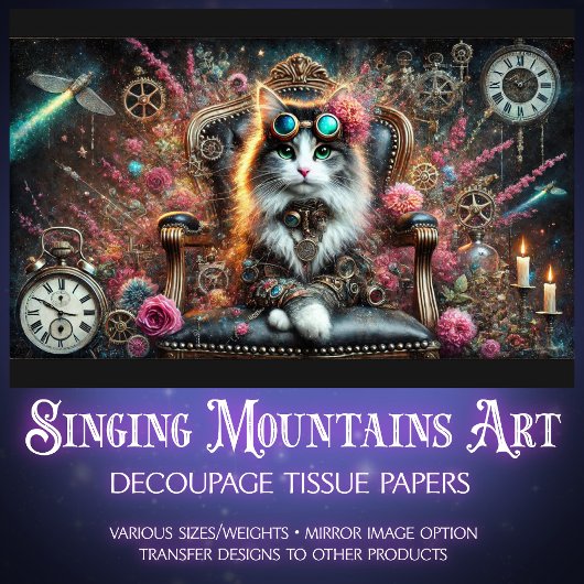 Papier Mousseline Chat victorien Floral Steampunk Horloges Découpage
