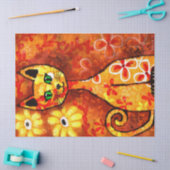 Papier Mousseline Chat Whimsical Rétro Kitty Floral Jaune Rouge Oran (Artisanat)