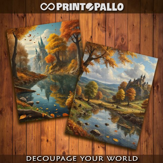 Papier Mousseline Château et rivière en automne