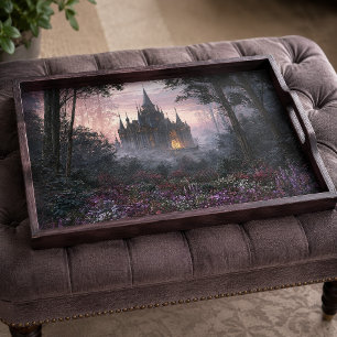 Papier Mousseline Château gothique de forêt au crépuscule brumeux dé