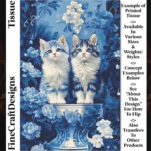 Papier Mousseline Chatons bleus et blancs, découpage CP7 floral