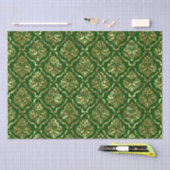 Papier Mousseline Chatoyant Or Floral Damask Sur Vert (Artisanat)