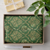Papier Mousseline Chatoyant Or Floral Damask Sur Vert (Cadeau)