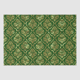 Papier Mousseline Chatoyant Or Floral Damask Sur Vert