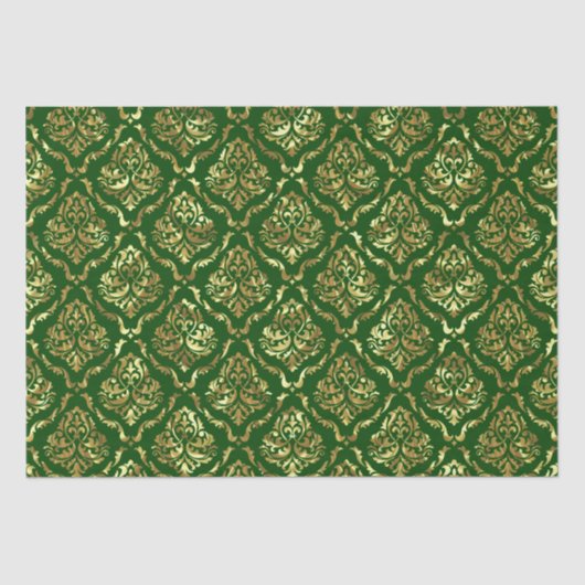 Papier Mousseline Chatoyant Or Floral Damask Sur Vert (Recto)