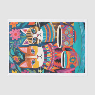 Papier Mousseline Chats colorés Art folklorique Style Découpage Tiss