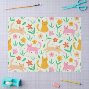 Papier Mousseline Chats rétro heureux avec des fleurs orange rouge e