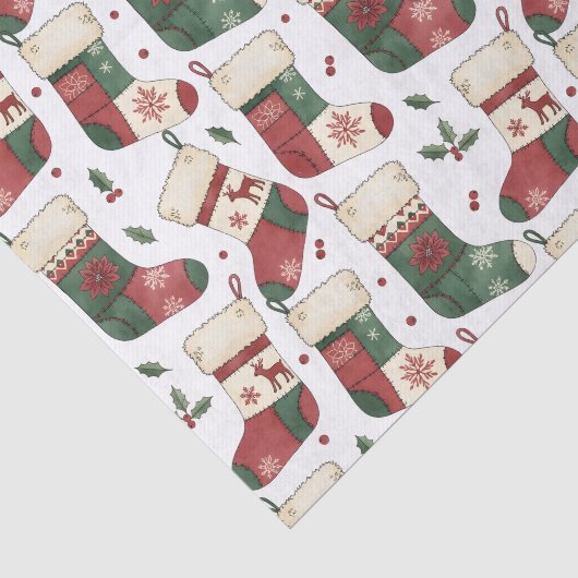 Papier Mousseline Chaussettes de Noël Patchwork Rouge Vert Blanc (Détail)