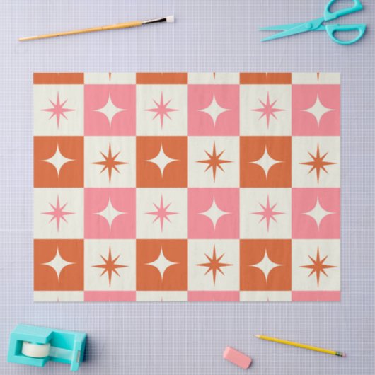 Papier Mousseline Checkered Mid Century Atomic Stars Pink Orange  (Artisanat)