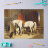 PAPIER MOUSSELINE CHEVAL BLANC AVEC CHIENS ET FALCONS EN STABLE (Artisanat)