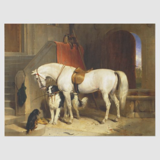PAPIER MOUSSELINE CHEVAL BLANC AVEC CHIENS ET FALCONS EN STABLE (Recto)