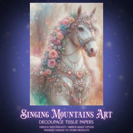 Papier Mousseline Cheval Blanc avec Fleurs Decoupage