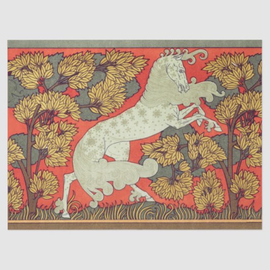 Papier Mousseline CHEVAL BLANC RAMPANT, ARBRES EN BOIS Art Nouveau (Recto)